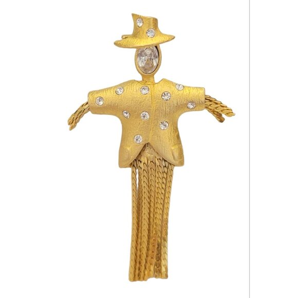 Gold Tone Clear Rhinestone Scarecrow Chain Fringe Dangle Brooch K576 - Picture 8 of 8